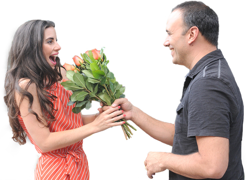 Paula receiving flowers from Rob